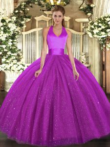 Fuchsia Tulle Lace Up Halter Top Sleeveless Floor Length 15th Birthday Dress Sequins