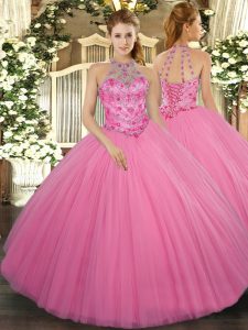 Rose Pink Halter Top Neckline Beading 15th Birthday Dress Sleeveless Lace Up