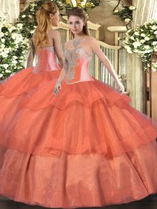 New Style Coral Red Ball Gowns Tulle Sweetheart Sleeveless Beading and Ruffled Layers Floor Length Lace Up 15 Quinceanera Dress