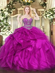 Ideal Fuchsia Sleeveless Floor Length Beading and Ruffles Lace Up Quinceanera Dress