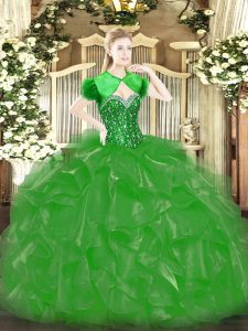 Sleeveless Organza Floor Length Lace Up 15 Quinceanera Dress in Green with Beading and Ruffles