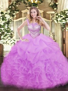 Scoop Sleeveless Organza Vestidos de Quinceanera Beading and Ruffles and Pick Ups Lace Up