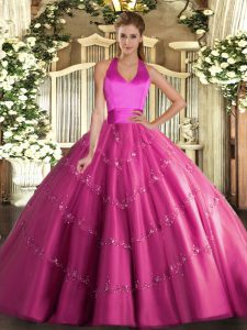 High Quality Hot Pink Sleeveless Floor Length Appliques Lace Up 15th Birthday Dress