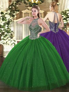 Traditional Green Lace Up Ball Gown Prom Dress Beading Sleeveless Floor Length