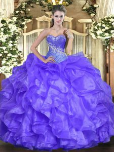 Noble Lavender Quince Ball Gowns Military Ball and Sweet 16 and Quinceanera with Beading and Ruffles Sweetheart Sleeveless Lace Up