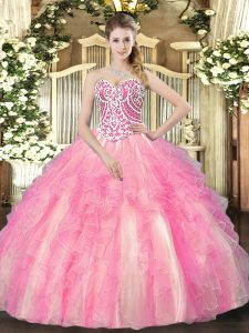 Rose Pink Lace Up Quinceanera Gowns Beading and Ruffles Sleeveless Floor Length