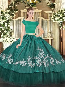 Custom Fit Short Sleeves Organza and Taffeta Floor Length Zipper 15th Birthday Dress in Teal with Embroidery