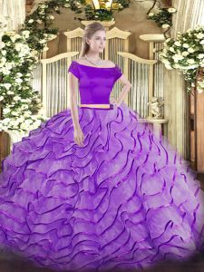 Enchanting Off The Shoulder Short Sleeves Tulle Ball Gown Prom Dress Appliques and Ruffles Brush Train Zipper