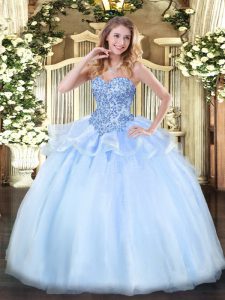 Fine Floor Length Lace Up Vestidos de Quinceanera Light Blue for Sweet 16 and Quinceanera with Appliques