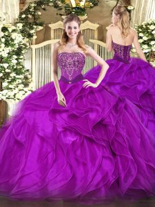 Clearance Purple Quince Ball Gowns Military Ball and Sweet 16 and Quinceanera with Beading and Ruffles Strapless Sleeveless Lace Up