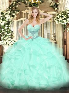 Floor Length Lace Up 15th Birthday Dress Apple Green for Military Ball and Sweet 16 and Quinceanera with Beading and Ruffles
