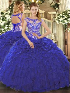 Royal Blue Ball Gowns Scoop Cap Sleeves Organza Floor Length Lace Up Beading and Ruffles 15 Quinceanera Dress