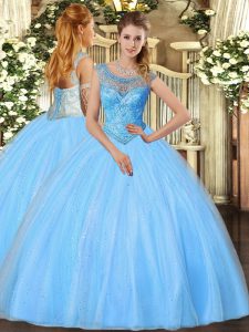 Glamorous Baby Blue Sleeveless Beading Floor Length 15 Quinceanera Dress