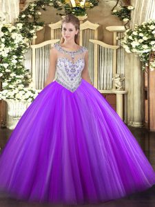 High Class Beading Quinceanera Gowns Eggplant Purple Zipper Sleeveless Floor Length