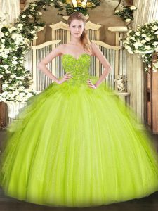 Sleeveless Tulle Asymmetrical Lace Up 15 Quinceanera Dress in Yellow Green with Lace