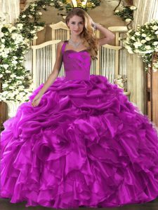 Cheap Fuchsia Halter Top Lace Up Ruffles and Pick Ups 15th Birthday Dress Sleeveless