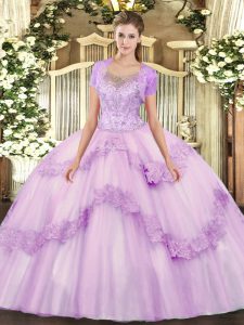 Scoop Sleeveless Ball Gown Prom Dress Floor Length Beading and Appliques Lilac Tulle