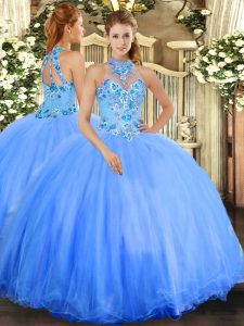Blue Ball Gowns Tulle Halter Top Sleeveless Embroidery Floor Length Lace Up Vestidos de Quinceanera