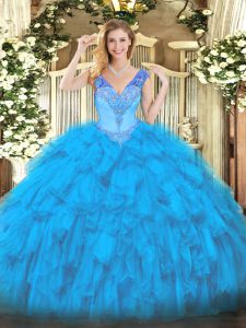 Great Floor Length Baby Blue Quinceanera Gown Organza Sleeveless Beading and Ruffles