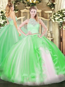 Traditional Green Two Pieces Tulle Scoop Sleeveless Lace and Ruffles Floor Length Zipper Sweet 16 Dresses