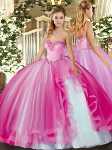 Charming Fuchsia Ball Gowns Tulle Sweetheart Sleeveless Beading and Ruffles Floor Length Lace Up Quince Ball Gowns