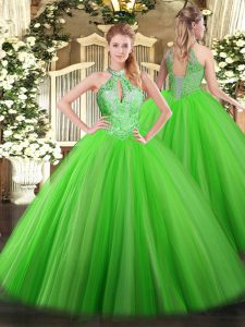 Ball Gowns Halter Top Sleeveless Tulle Floor Length Lace Up Sequins Quinceanera Gown