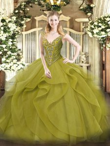 Floor Length Lace Up 15th Birthday Dress Olive Green for Military Ball and Sweet 16 and Quinceanera with Beading and Ruffles