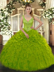 Most Popular Organza V-neck Sleeveless Zipper Beading and Ruffles Ball Gown Prom Dress in Olive Green