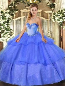 Fancy Sleeveless Floor Length Beading and Ruffled Layers Lace Up Quinceanera Gown with Blue