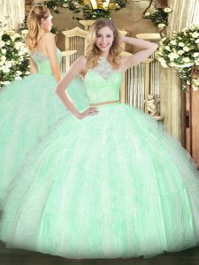 Inexpensive Apple Green Two Pieces Scoop Sleeveless Tulle Floor Length Zipper Lace and Ruffles 15th Birthday Dress