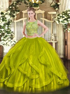 Superior Olive Green Organza Lace Up Sweet 16 Dresses Sleeveless Floor Length Beading and Ruffles