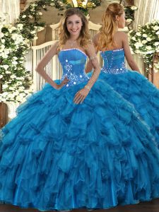Organza Strapless Sleeveless Lace Up Beading and Ruffles Ball Gown Prom Dress in Baby Blue