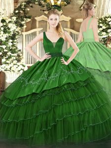 High End Dark Green Ball Gowns Organza and Taffeta Straps Sleeveless Beading and Embroidery and Ruffled Layers Floor Length Zipper 15th Birthday Dress