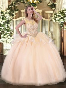 Peach Scoop Neckline Beading Quinceanera Gowns Sleeveless Zipper