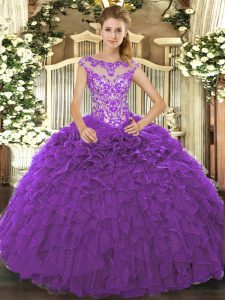 Purple Ball Gowns Scoop Cap Sleeves Organza Floor Length Lace Up Beading and Ruffles and Hand Made Flower 15 Quinceanera Dress