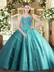 Sumptuous Teal Tulle Lace Up Sweetheart Sleeveless Floor Length Vestidos de Quinceanera Beading and Appliques