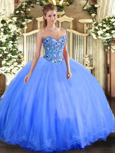 Blue Ball Gowns Organza and Tulle Sweetheart Sleeveless Embroidery Floor Length Lace Up Ball Gown Prom Dress