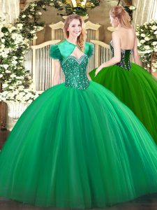 Turquoise Ball Gowns Sweetheart Sleeveless Tulle Floor Length Lace Up Beading Sweet 16 Dresses