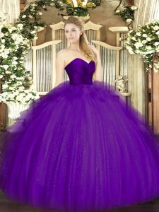Affordable Purple Tulle Zipper Sweetheart Sleeveless Floor Length 15th Birthday Dress Ruffles