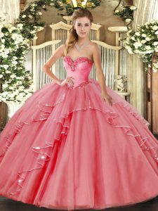 Glorious Floor Length Lace Up Quinceanera Dresses Watermelon Red for Military Ball and Sweet 16 and Quinceanera with Beading and Ruffled Layers