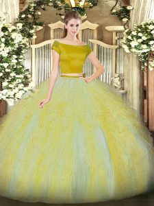 Gold Two Pieces Ruffles Sweet 16 Quinceanera Dress Zipper Tulle Short Sleeves Floor Length