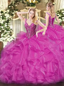 Unique Ball Gowns Sweet 16 Dress Fuchsia V-neck Organza Long Sleeves Floor Length Lace Up