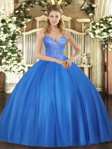 Sexy Blue Sleeveless Beading Floor Length 15 Quinceanera Dress