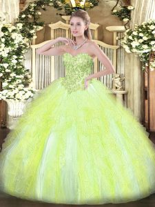 Sleeveless Floor Length Appliques and Ruffles Lace Up Quinceanera Dress with Yellow Green