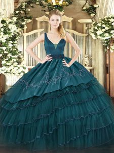 Captivating Straps Sleeveless Zipper Quinceanera Dresses Teal Organza and Taffeta