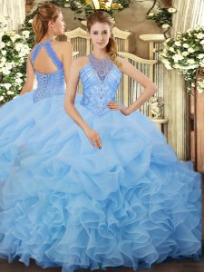 Sexy Floor Length Aqua Blue Ball Gown Prom Dress Halter Top Sleeveless Lace Up