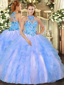 Unique Baby Blue Halter Top Neckline Embroidery and Ruffles Quince Ball Gowns Sleeveless Lace Up
