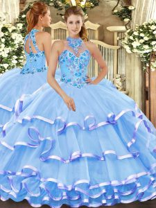 Lovely Baby Blue Ball Gowns Organza Halter Top Sleeveless Beading and Embroidery Floor Length Lace Up Vestidos de Quinceanera