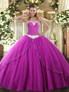 Unique Tulle Sweetheart Sleeveless Brush Train Lace Up Appliques Sweet 16 Dress in Fuchsia