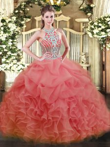 Trendy Floor Length Watermelon Red Quinceanera Gowns Tulle Sleeveless Beading